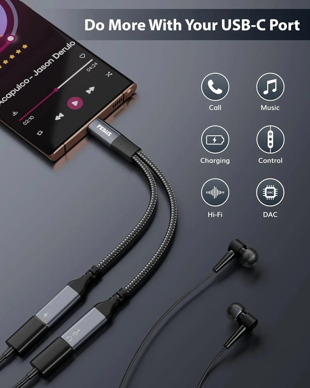 FEDUS 2-in-1 USB C Splitter 1 in 2 Out Dual USB C Headphone and Charger Type C Audio Adapter with PD 60W Fast Charging Dongle Cable for iPhone 16 Pro Max, Galaxy S25, Pixel 9, iPad Pro, Switch 2 FEDUS