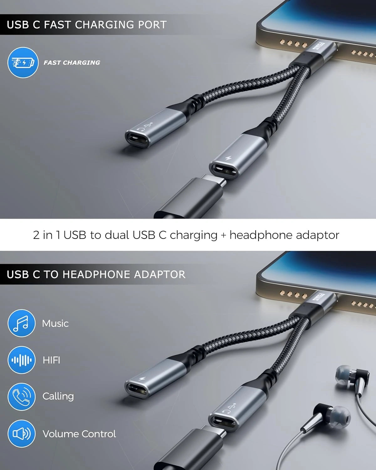 FEDUS 2-in-1 USB C Splitter in Out Dual USB C Headphone and Charger Type C Audio Adapter with PD 60W Fast Charging Dongle Cable for iPhone 16 Pro