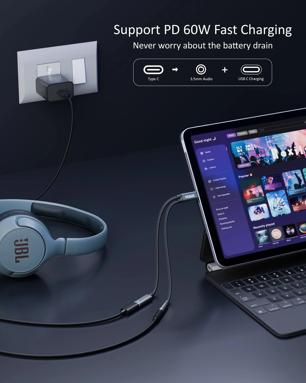 FEDUS 2 in 1 USB Type C to 3.5mm Headphone and Charger Adapter PD 60W Fast Charging USB C to Aux Audio Jack Splitter Cheeku Technologies