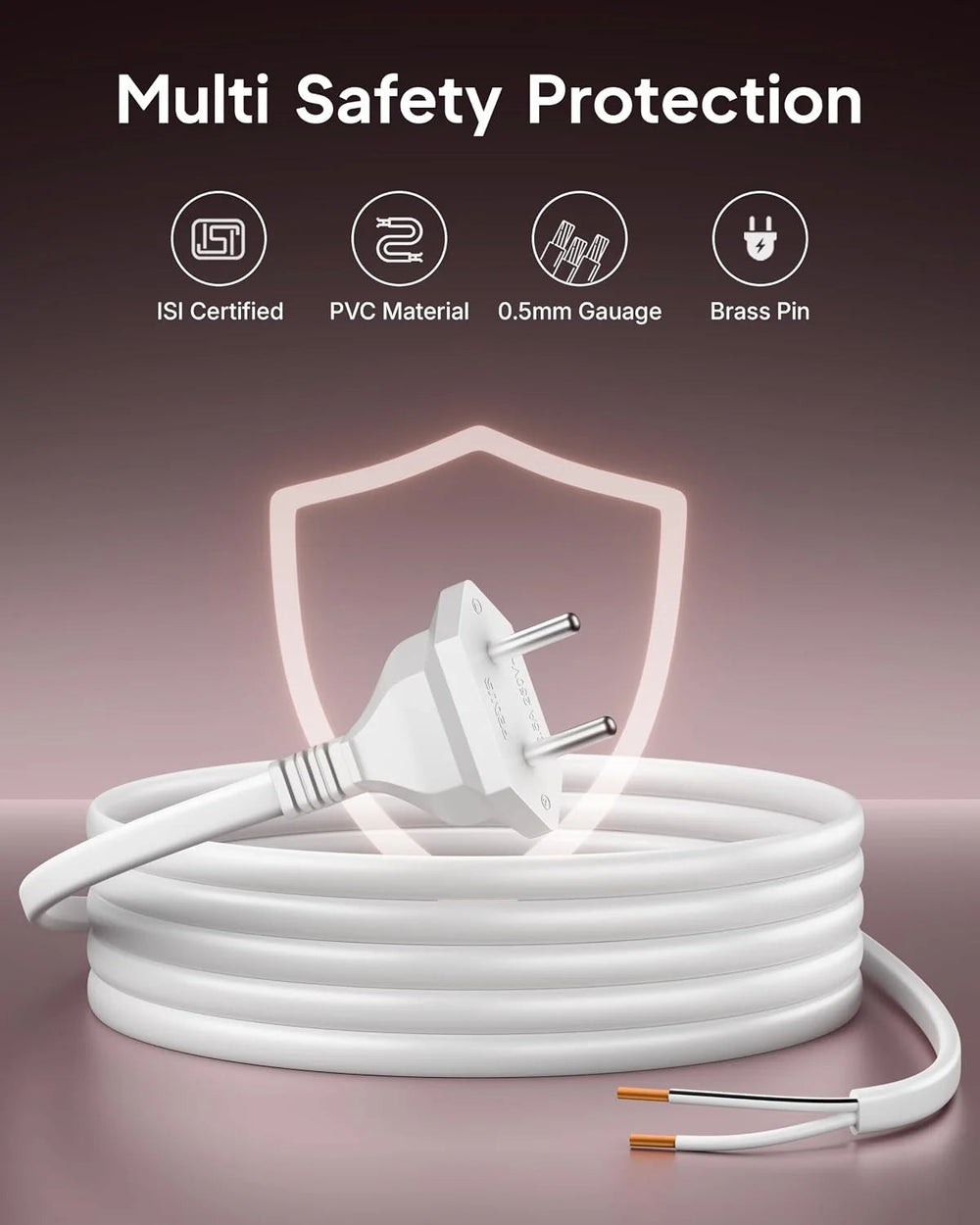 FEDUS Kord-X Nebula 2-Pin Power Cord Open End Bare Wire 1.2M, 0.5 Sqmm 20AWG Pure Copper 2 Core Cable, 1 Year Warrantee, AC Mains 2.5A 250V 625W Wire for Fan, Cooler, DIY Repair, ISI - White FEDUS