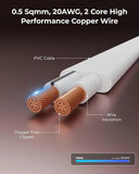 FEDUS Kord-X Nebula 2-Pin Power Cord Open End Bare Wire 1.2M, 0.5 Sqmm 20AWG Pure Copper 2 Core Cable, 1 Year Warrantee, AC Mains 2.5A 250V 625W Wire for Fan, Cooler, DIY Repair, ISI - White FEDUS