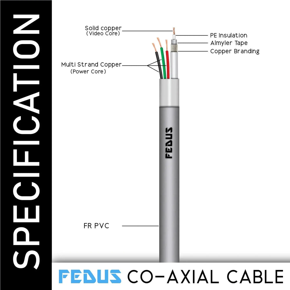 FEDUS 23AWG Pure Copper 3+1 CCTV Camera Coaxial Cable For High-Speed Audio Video Signal BNC Video & Power Cord With Breading Alloy Positive Negative Mic Earth Wire FEDUS