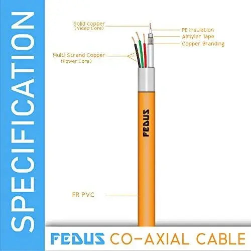 FEDUS 23AWG Pure Copper 3+1 CCTV Camera Coaxial Cable For High-Speed Audio Video Signal BNC Video & Power Cord With Breading Alloy Positive Negative Mic Earth Wire in Orange Colour FEDUS