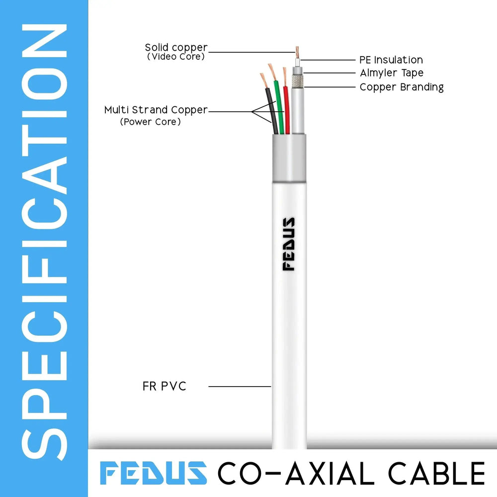 FEDUS 23AWG Pure Copper 3+1 CCTV Camera Coaxial Cable For High-Speed Audio Video Signal BNC Video & Power Cord With Breading Alloy Positive Negative Mic Earth Wire in White Colour FEDUS