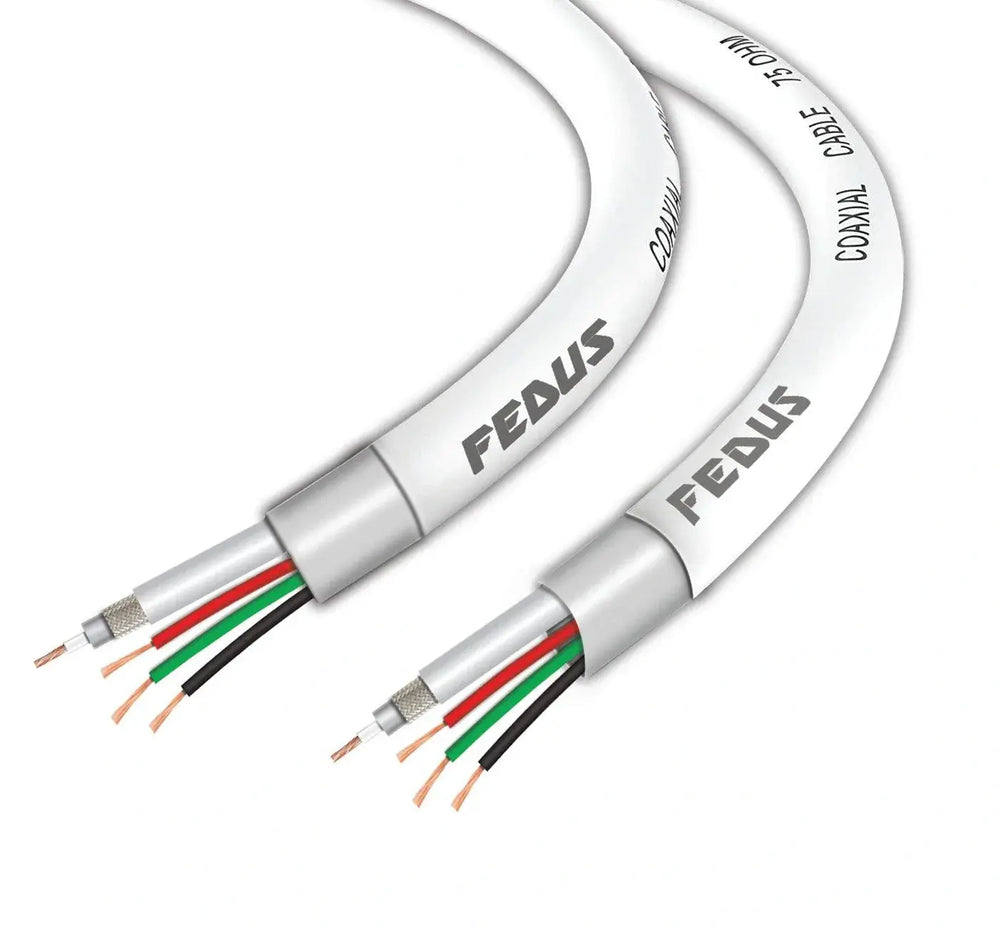 FEDUS 23AWG Pure Copper 3+1 CCTV Camera Coaxial Cable For High-Speed Audio Video Signal BNC Video & Power Cord With Breading Alloy Positive Negative Mic Earth Wire in White Colour FEDUS