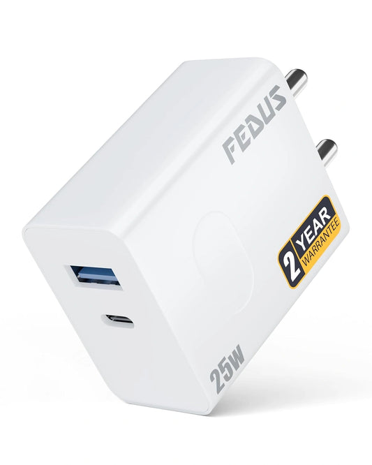 FEDUS 25W Fast Charging Type C & USB Fast Charger Adapter, PPS Protection, QC + PD, BIS Certified, for iPhone,Samsung,Oneplus, Android mobile, Tablets, Power Banks, Smart Watches, Earbuds