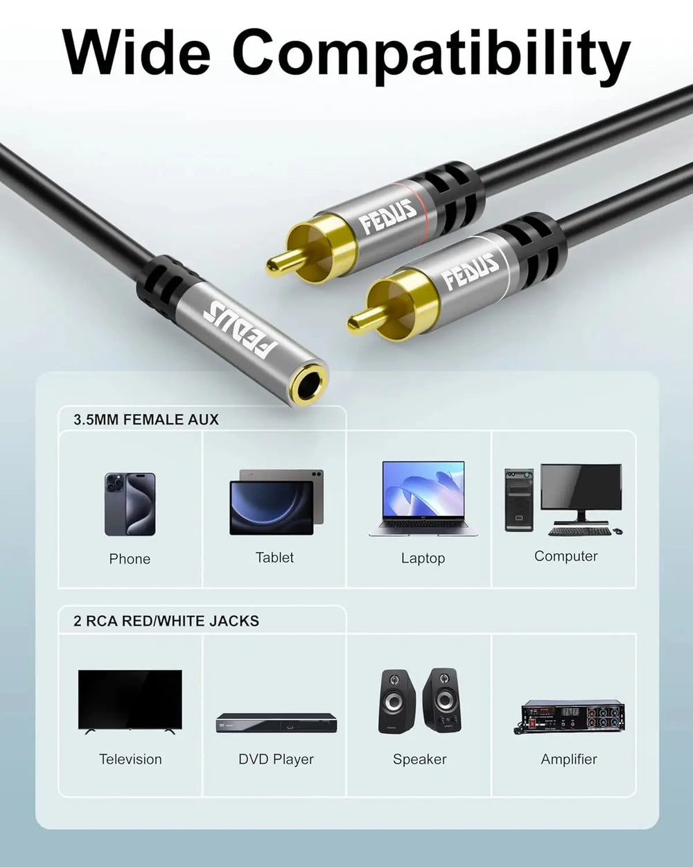FEDUS RCA to 3.5mm Female 3.5Mm to 2RCA Male Stereo Audio Cable Metal Shell 3.5 MM 1/8" TRS Stereo to Dual RCA Jack Adapter Y Cable for Smartphones, Headphone, MP3, Tablets,Home Theater FEDUS