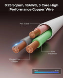 FEDUS Kord-X Legacy 3 Pin Plug Power Cord Open End Wire, 0.75 Sqmm 18AWG 3 Core Pure Copper Replacement Cable, 6A 1500W Heavy Duty Mains Lead for PC, Monitor, Printer, Fan & DIY Repair - White FEDUS