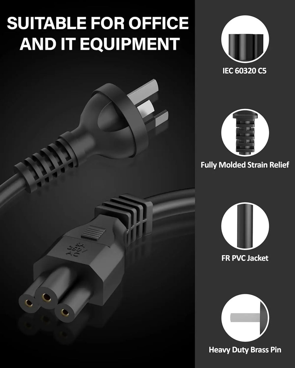 FEDUS 3 Prong AU Australia SAA 3 Pins Plug 18 AWG Power Cord with IEC 320 C5 AU Plug Clover Leaf Laptop Computer Pure Copper Power Cable for PCs Monitors Power adapters, Printer, Appliances 1.8M FEDUS