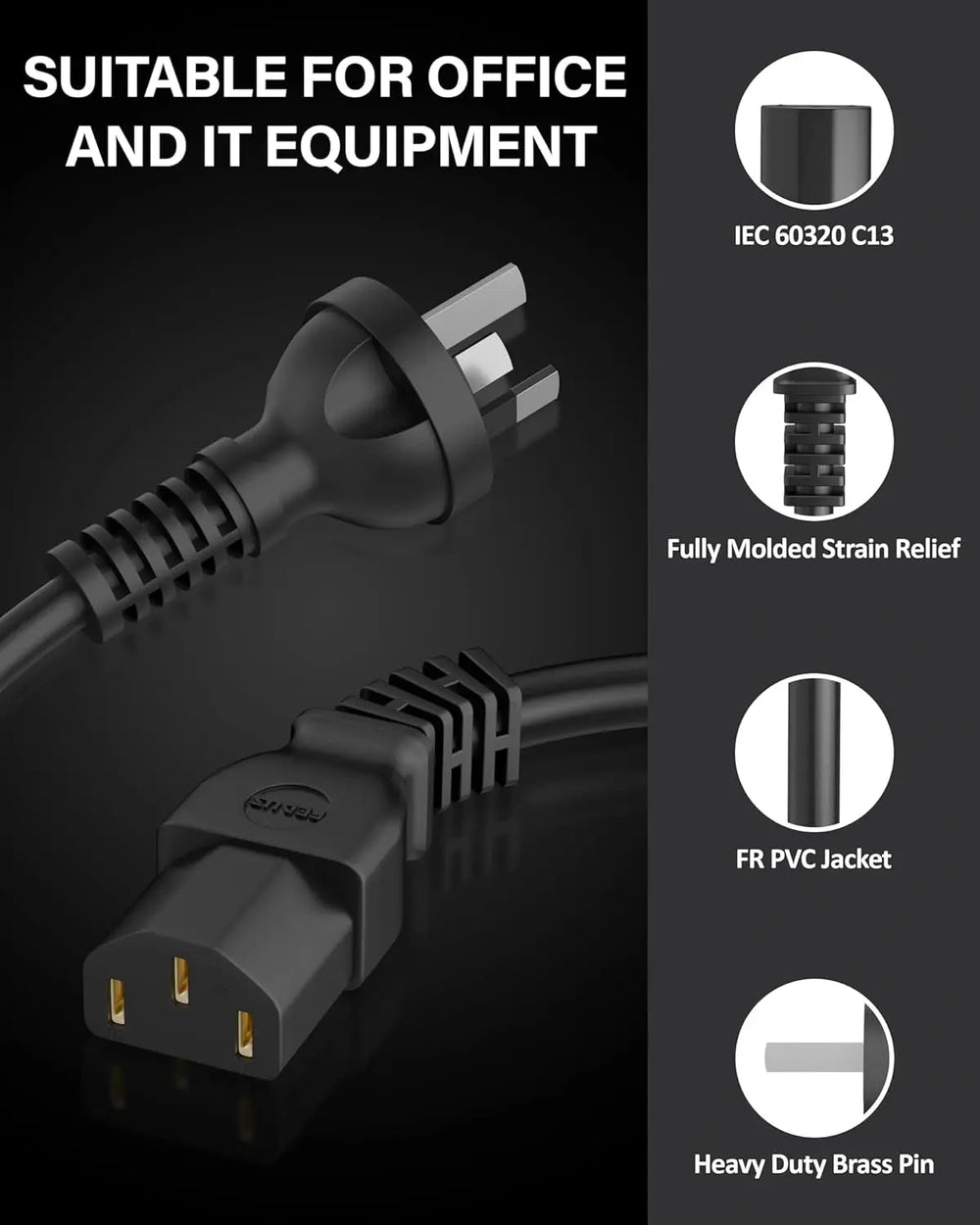 FEDUS 3 Prong AU Australia SAA 3 Pins Plug 18 AWG Power Cord with IEC 320 C13 AU Australian Plug Computer Pure Copper Power Extension Cable for PCs, Monitors, Power adapters, Printer, Appliances 1.8M FEDUS