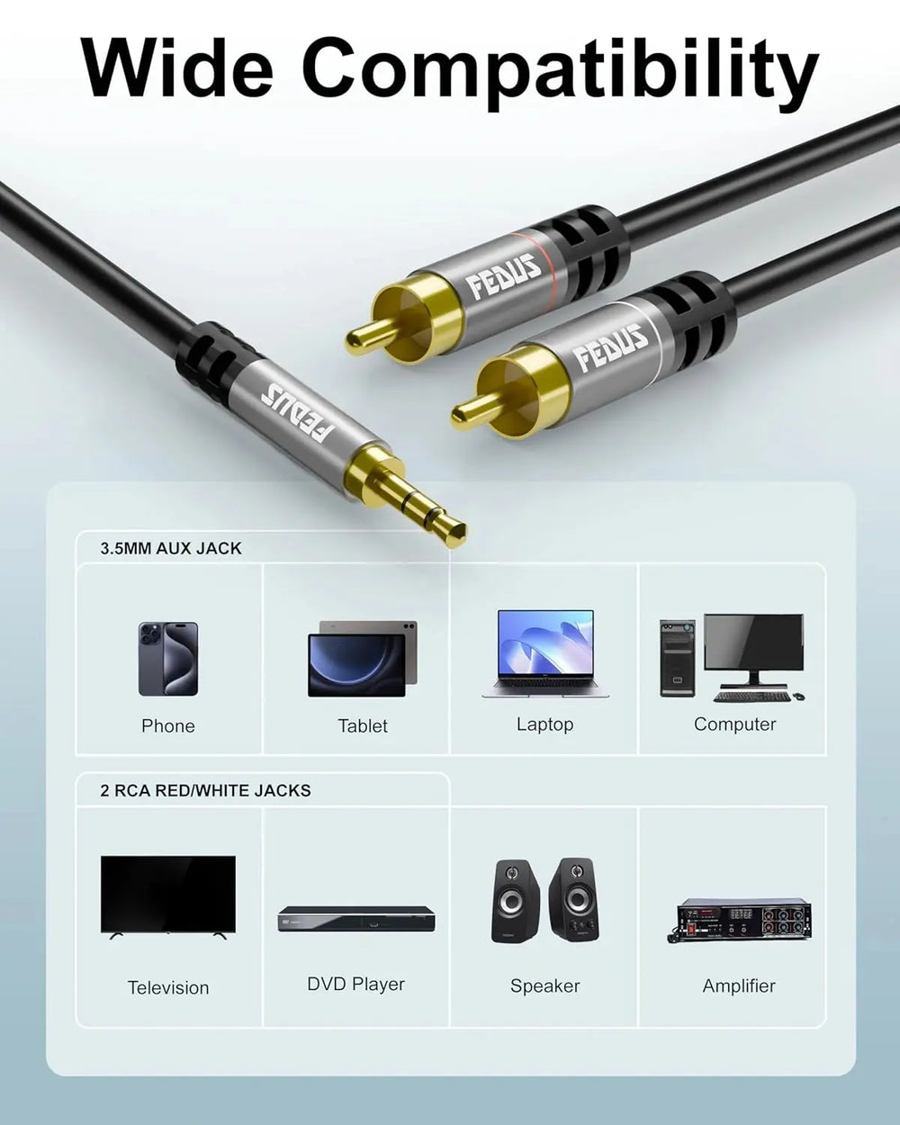 FEDUS 3.5mm to RCA Cable, Rca to 3.5 mm Male Audio Adapter 2RCA Gold Plated Shielded Stereo Y Braided Audio Adapter Cord AUX Cable for Smartphones, MP3, Tablets, Speakers, Home Theatre FEDUS