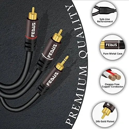 FEDUS 3.5mm to RCA Cable, RCA to 3.5mm Male Audio Adapter 2RCA Gold Plated Shielded Stereo Y Braided Audio Adapter Cord RCA to AUX Cable for Smartphones, MP3, Tablets, Speakers, Home Theatre FEDUS