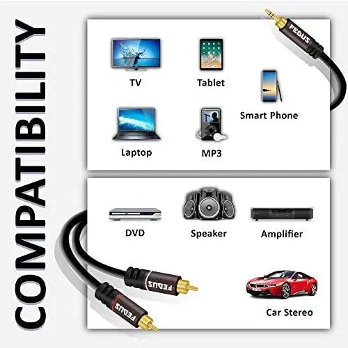 FEDUS 3.5mm to RCA Cable, RCA to 3.5mm Male Audio Adapter 2RCA Gold Plated Shielded Stereo Y Braided Audio Adapter Cord RCA to AUX Cable for Smartphones, MP3, Tablets, Speakers, Home Theatre FEDUS