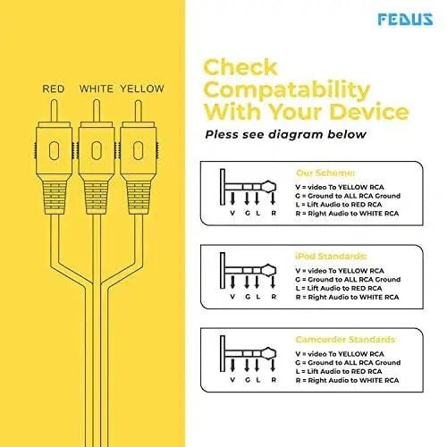 FEDUS 3 Meter 3.5mm to RCA Camcorder Handycam AV Audio Video Output Cable 3.5mm Stereo 1/8 TRRS to 3 RCA Male Plug AUX Cable Converter Splitter Cord for TV, Smartphones, MP3, Tablets FEDUS