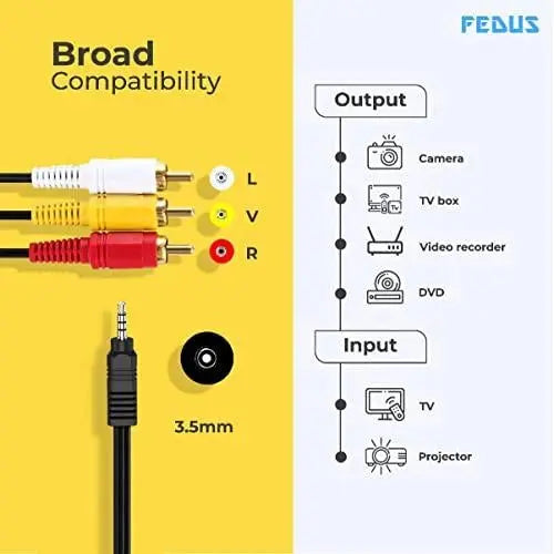 FEDUS 3 Meter 3.5mm to RCA Camcorder Handycam AV Audio Video Output Cable 3.5mm Stereo 1/8 TRRS to 3 RCA Male Plug AUX Cable Converter Splitter Cord for TV, Smartphones, MP3, Tablets FEDUS
