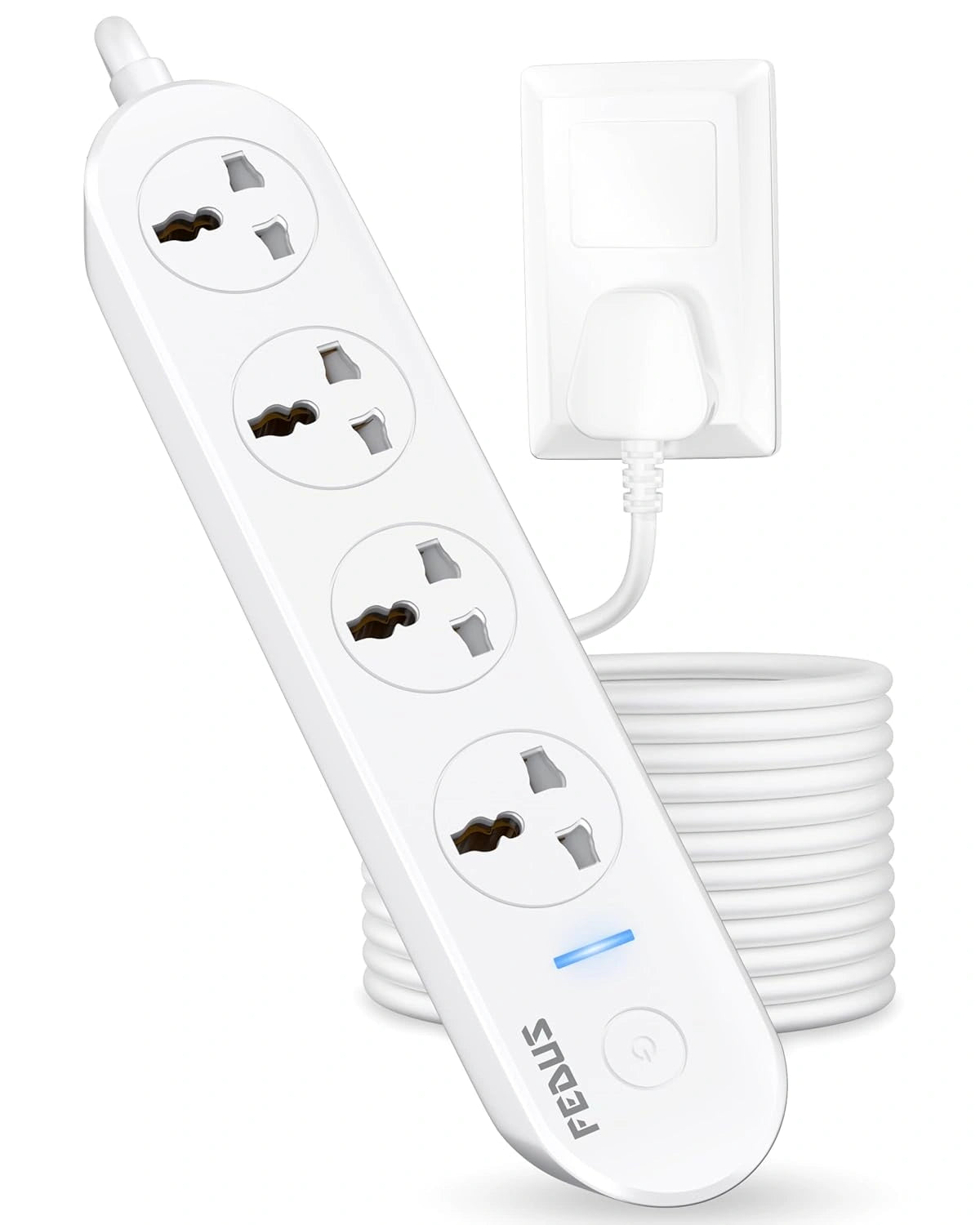 FEDUS Surge Protector, 4 Universal Sockets with Individual Switch, Long Cable, Extension Board Cord, Automatic Overload Protection, Fireproof Power Strip Switch Board, Spike Guard, White