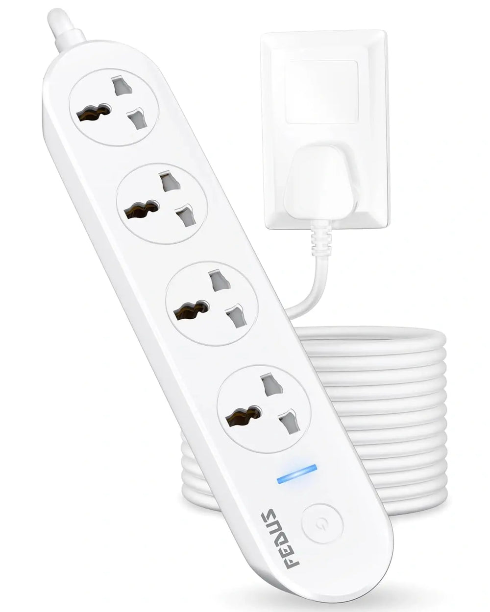 FEDUS Surge Protector, 4 Universal Sockets with Individual Switch, Long Cable, Extension Board Cord, Automatic Overload Protection, Fireproof Power Strip Switch Board, Spike Guard, White FEDUS