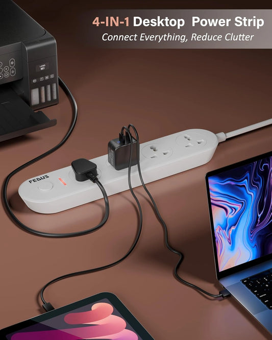 FEDUS Surge Protector, 4 Universal Sockets with Individual Switch, Long Cable, Extension Board Cord, Automatic Overload Protection, Fireproof Power Strip Switch Board, Spike Guard, White