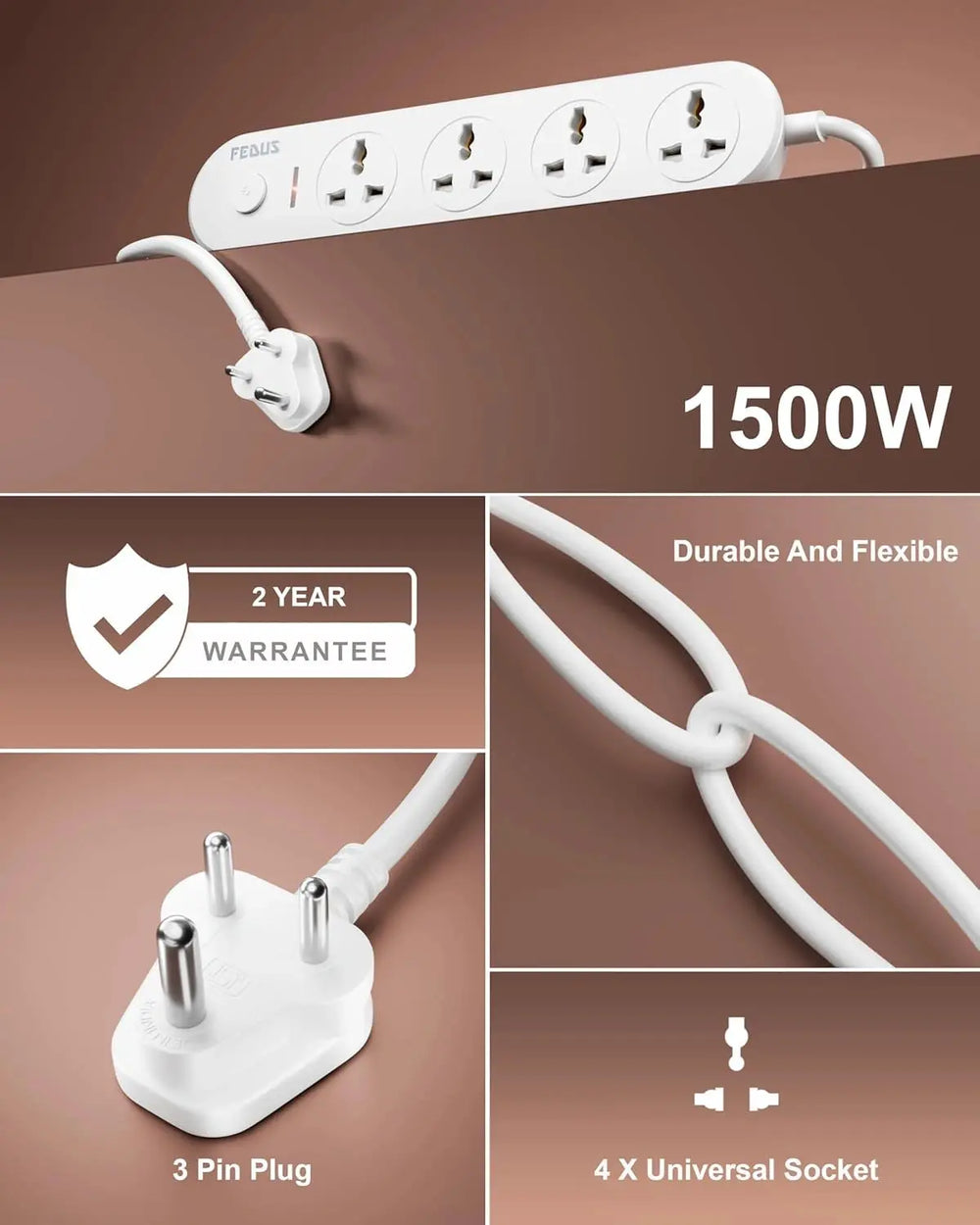 FEDUS Surge Protector, 4 Universal Sockets with Individual Switch, Long Cable, Extension Board Cord, Automatic Overload Protection, Fireproof Power Strip Switch Board, Spike Guard, White FEDUS