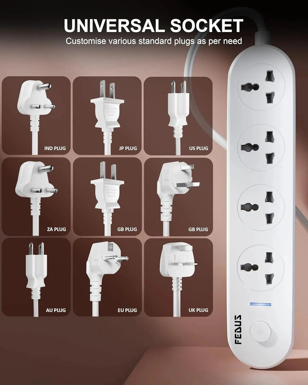 FEDUS Surge Protector, 4 Universal Sockets with Individual Switch, Long Cable, Extension Board Cord, Automatic Overload Protection, Fireproof Power Strip Switch Board, Spike Guard, White FEDUS