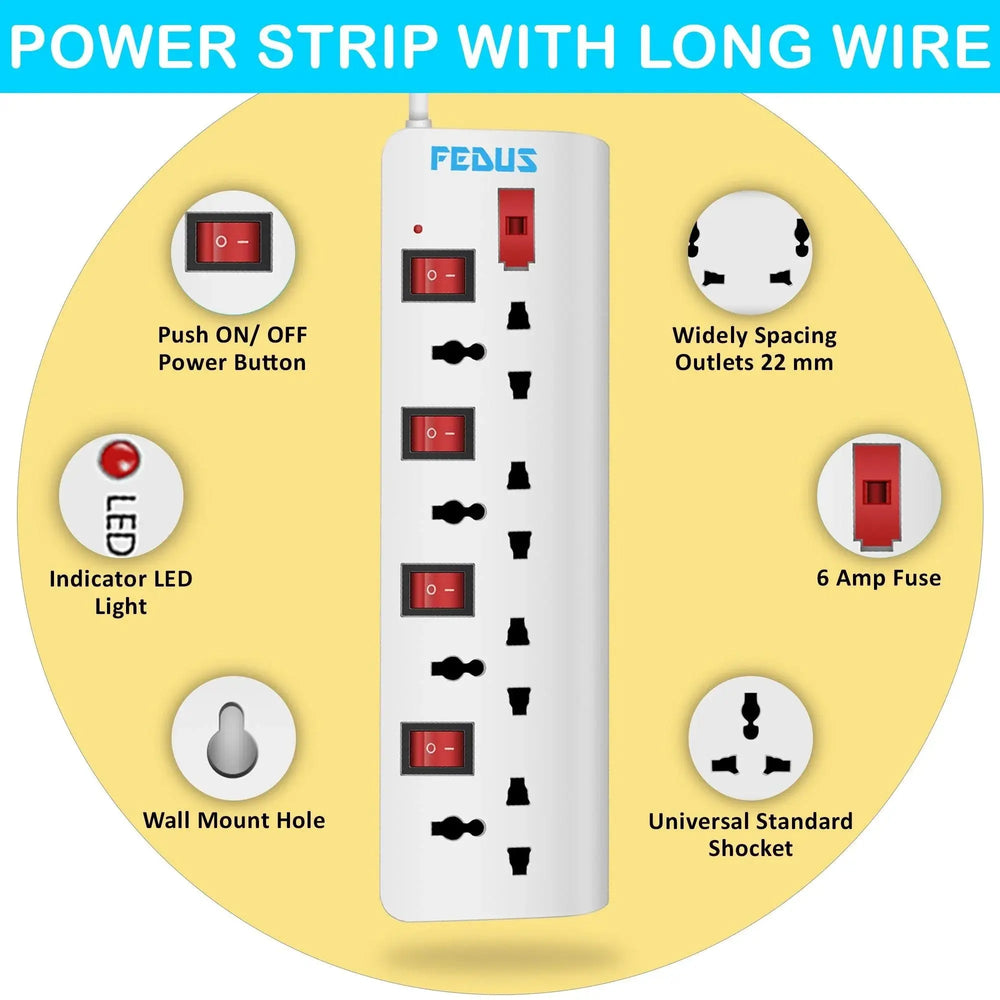 FEDUS Extension Boards, Long Wire Switch Board Extension | Extension Boards with Switch, Extension Board with Long Wire, Extension Board for Computer, Surge Protectors Spike Buster, Switch Board FEDUS