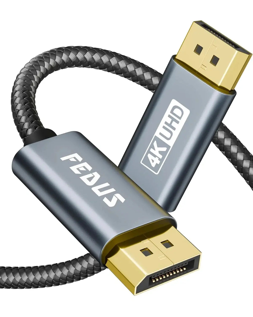HDMI cable with braided design and gold connectors on a white background