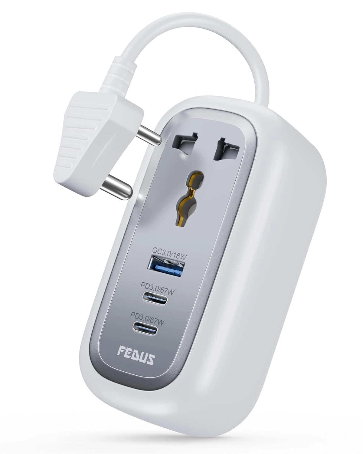 FEDUS 67W GaN Travel Power Adapter Strip Compact Extension Board with USB Ports 4ft Long Retractable Cable Cord, 2 Type C, 1 USB Ports, 2 International Power Sockets, 2500W for Laptop, Home Appliances