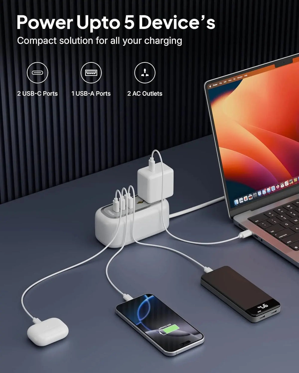 FEDUS 67W GaN Travel Power Adapter Strip Compact Extension Board with USB Ports 4ft Long Retractable Cable Cord, 2 Type C, 1 USB Ports, 2 International Power Sockets, 2500W for Laptop, Home Appliances FEDUS