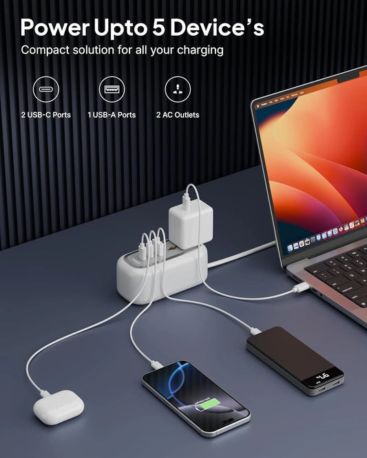 FEDUS 67W GaN Travel Power Adapter Strip Compact Extension Board with USB Ports 4ft Long Retractable Cable Cord, 2 Type C, 1 USB Ports, 2 International Power Sockets, 2500W for Laptop, Home Appliances