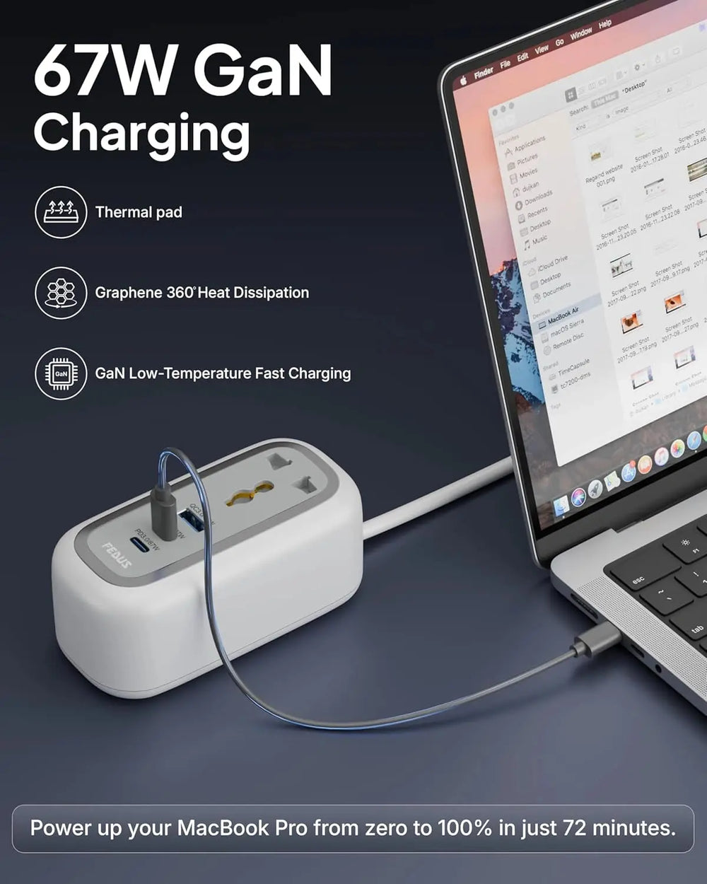 FEDUS 67W GaN Travel Power Adapter Strip Compact Extension Board with USB Ports 4ft Long Retractable Cable Cord, 2 Type C, 1 USB Ports, 2 International Power Sockets, 2500W for Laptop, Home Appliances FEDUS
