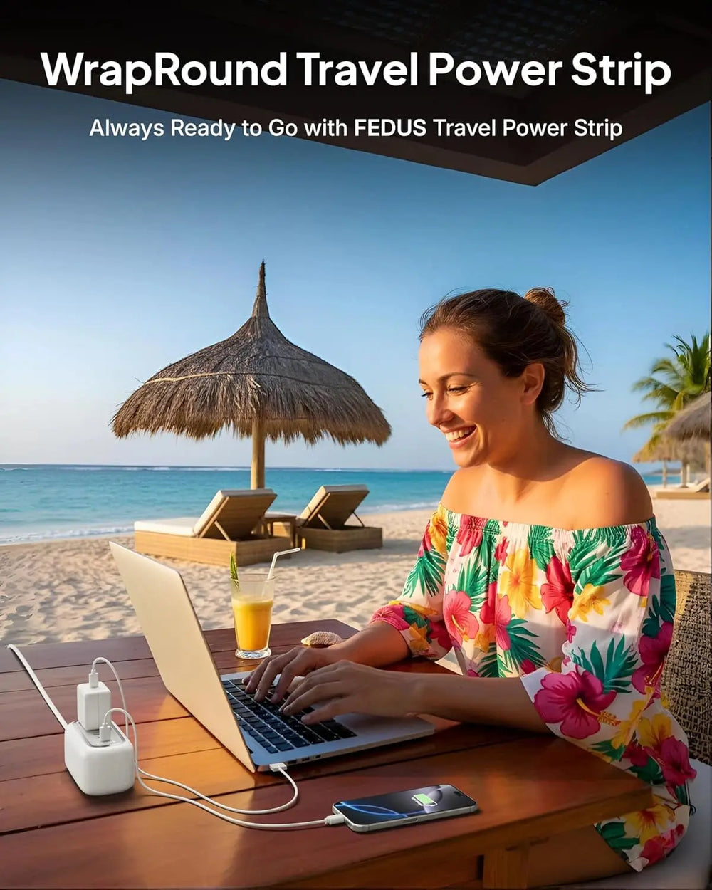 FEDUS 67W GaN Travel Power Adapter Strip Compact Extension Board with USB Ports 4ft Long Retractable Cable Cord, 2 Type C, 1 USB Ports, 2 International Power Sockets, 2500W for Laptop, Home Appliances FEDUS