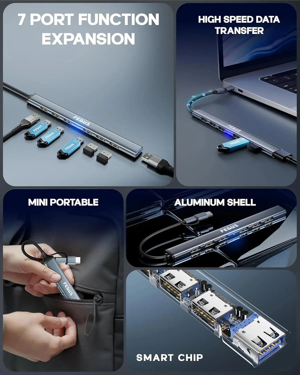 FEDUS 3.0 USB C Hub, 7 in 1 Type C Multi USB Connector Adapter with USB 3.0 and USB 2.0 Ports, USB Expander for Laptop, Mobile, Pc, Printers, Flash Drive, MacBooks, HDD, Camera, Keyboard,Mouse FEDUS