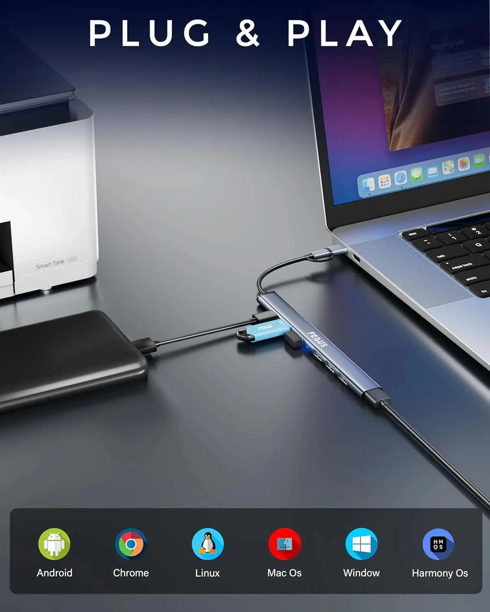 FEDUS 3.0 USB C Hub, 7 in 1 Type C Multi USB Connector Adapter with USB 3.0 and USB 2.0 Ports, USB Expander for Laptop, Mobile, Pc, Printers, Flash Drive, MacBooks, HDD, Camera, Keyboard,Mouse FEDUS