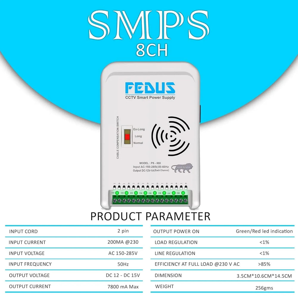 FEDUS 8 Channel SMPS for CCTV, Power Supply Adapter for up to 8 CCTV Security Cameras, CCTV Power Supply SMPS, Power Supply Adapter for Video Surveillance Camera System, CCTV, Dome, Bullet Cameras FEDUS