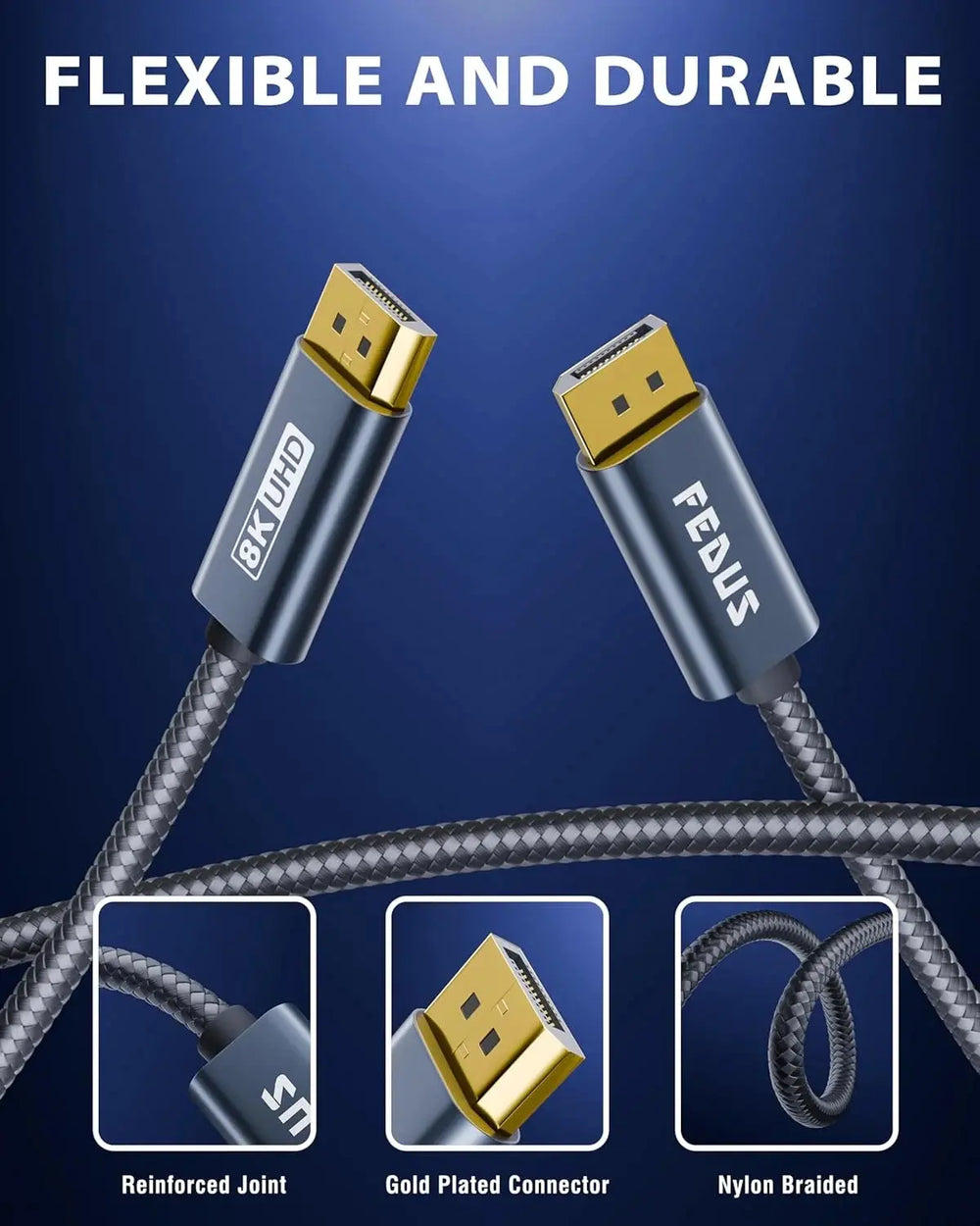 FEDUS 8K DisplayPort Cable, DP to DP Cable [Certified 8K@60Hz, 4K@144Hz, 2K@165/144Hz] Display Port to Display Port Cable HDR/FreeSync/G-Sync/HBR3/HDCP Compatible for Gaming Monitor, Graphics Card FEDUS