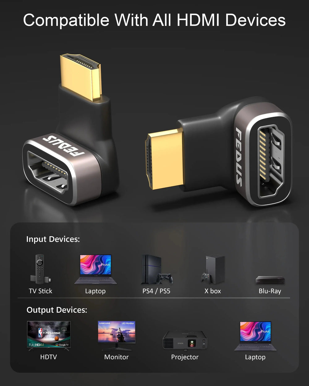 FEDUS 8K Ultra HD HDMI Connector 270 Degree L Shape HDMI Male to Female Converter Right Angle HDMI Adapter Extender for TV Led LCD TV Stick, Xbox, PS3 PS4 PS5, Supports 3D HDR, eARC, 8K@60Hz 4K@144Hz Cheeku Technologies