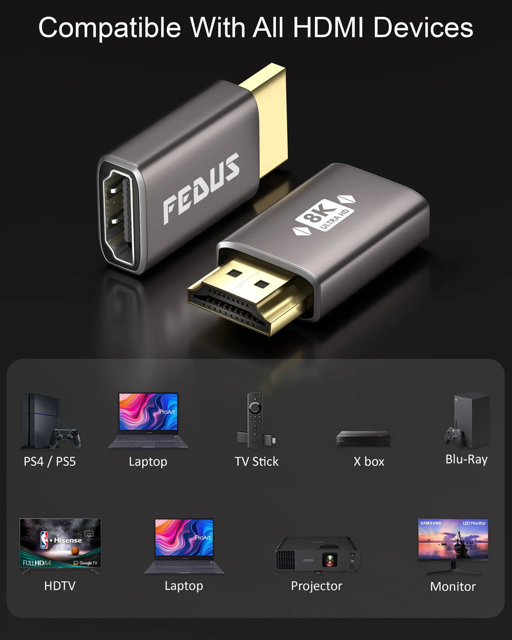 FEDUS 8K Ultra HD HDMI Connector HDMI Male to Female Converter, HDMI Extension, HDMI 2.1 Adapter Extender for TV Led LCD TV Stick, Xbox, PS4 PS5, Supports 3D HDR, eARC, 8K@60Hz 4K@144Hz Cheeku Technologies