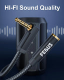 FEDUS 3.2 Feet 90-Degree 3.5 mm Male to Female Aux Extension Audio Cable with Microphone Nylon Braided TRRS 4 Pole Stereo Audio Extender Cord Aux Cable for Car for Speakers, Earphone Headphone, Phone