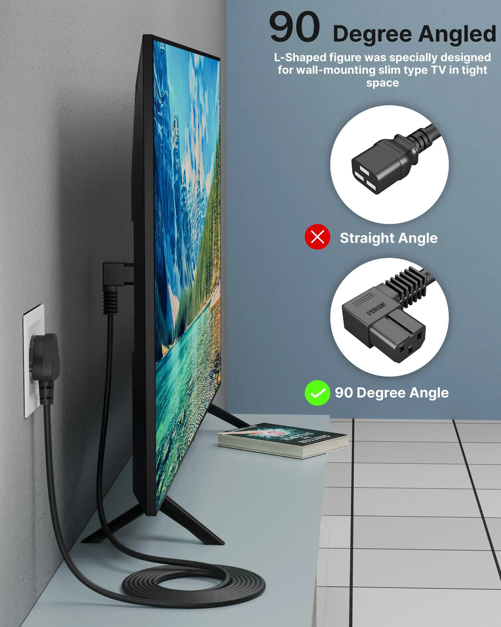 FEDUS 90 Degree L Shape 3 Pin Computer Power Cable Cord for Desktops, PC and Printers/Monitor SMPS Power Cable IEC Mains Power Cable Black FEDUS