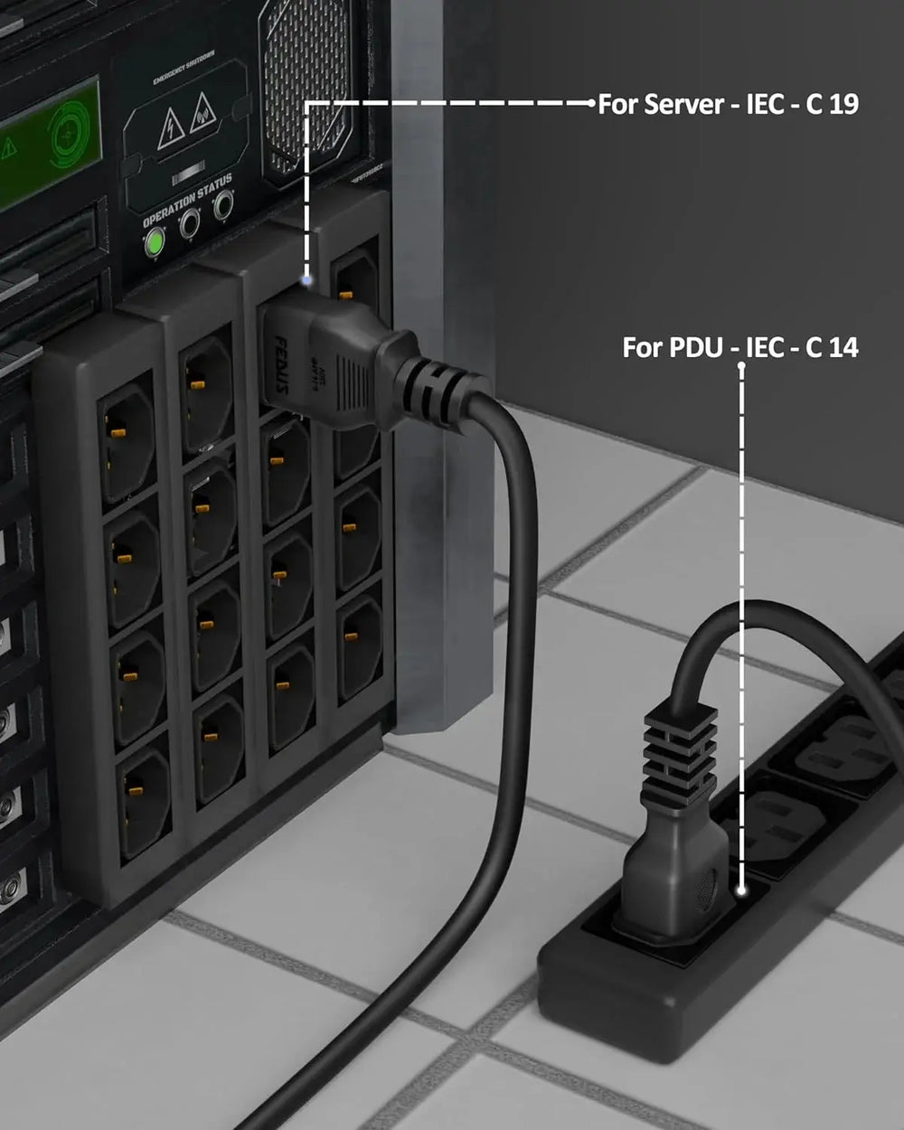 FEDUS AC Power Cord 3 Prong C14 Male to C19 Female 9.8Ft 250V 16A Heavy Duty PDU Power Extension Cable for Computer Printer Monitor Servers/Routers/Network Switches/Blade Server Enclosures/Data Rack FEDUS