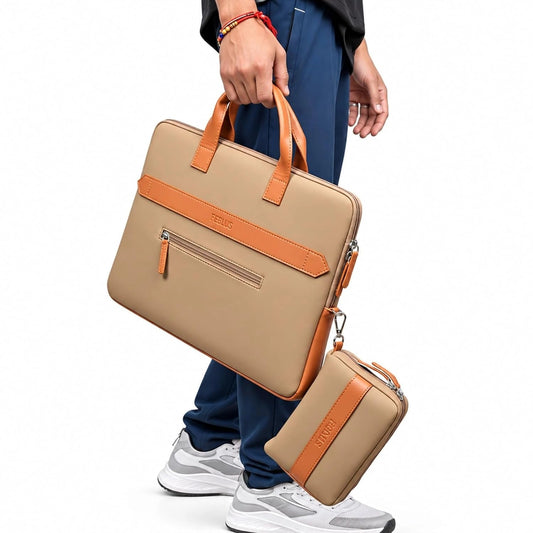FEDUS Aurum Caramel Sand Laptop Bag Vegan Leather Handbag Crossbody Messenger Bag Slim Vintage Professional Business Briefcase Water Resistant Multiple Compartment Organisers & Accessories Pocket FEDUS