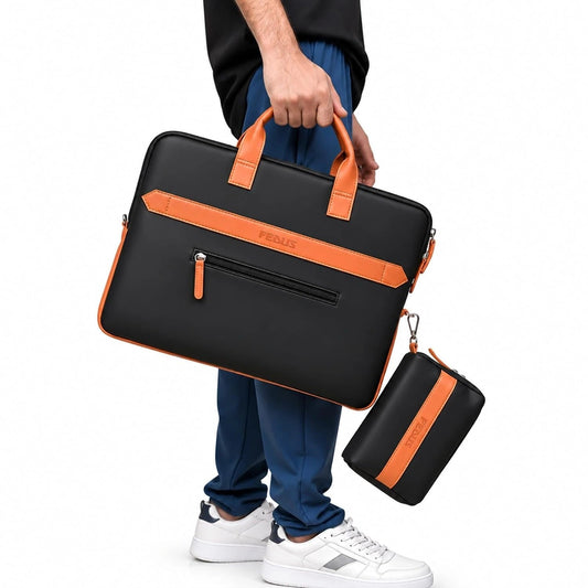 FEDUS Aurum Onyx Black Laptop Bag Vegan Leather Handbag Crossbody Messenger Bag Slim Vintage Professional Business Briefcase Water Resistant Multiple Compartment Organisers & Accessories Pocket FEDUS