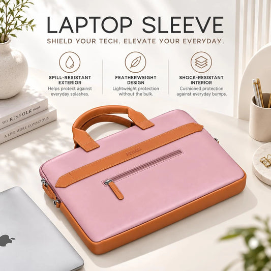 FEDUS Aurum Powder Pink Laptop Bag Vegan Leather Handbag Crossbody Messenger Bag Slim Vintage Professional Business Briefcase Water Resistant Multiple Compartment Organisers & Accessories Pocket FEDUS