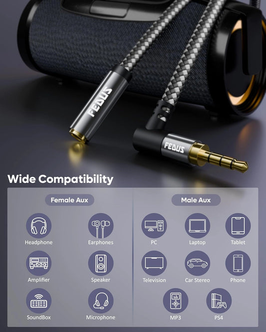 FEDUS Bass-X 3.5mm Male to Female Audio Extension Cable with Mic Support, 90 Degree L-Shape TRRS 4 Pole Conductor Stereo Aux Cord, Extender for Laptop, Phone, Car, Gaming, Speakers, Headphone
