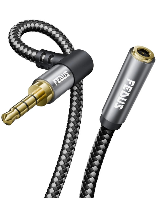 FEDUS Bass-X 3.5mm Male to Female Audio Extension Cable with Mic Support, 90 Degree L-Shape TRRS 4 Pole Conductor Stereo Aux Cord, Extender for Laptop, Phone, Car, Gaming, Speakers, Headphone