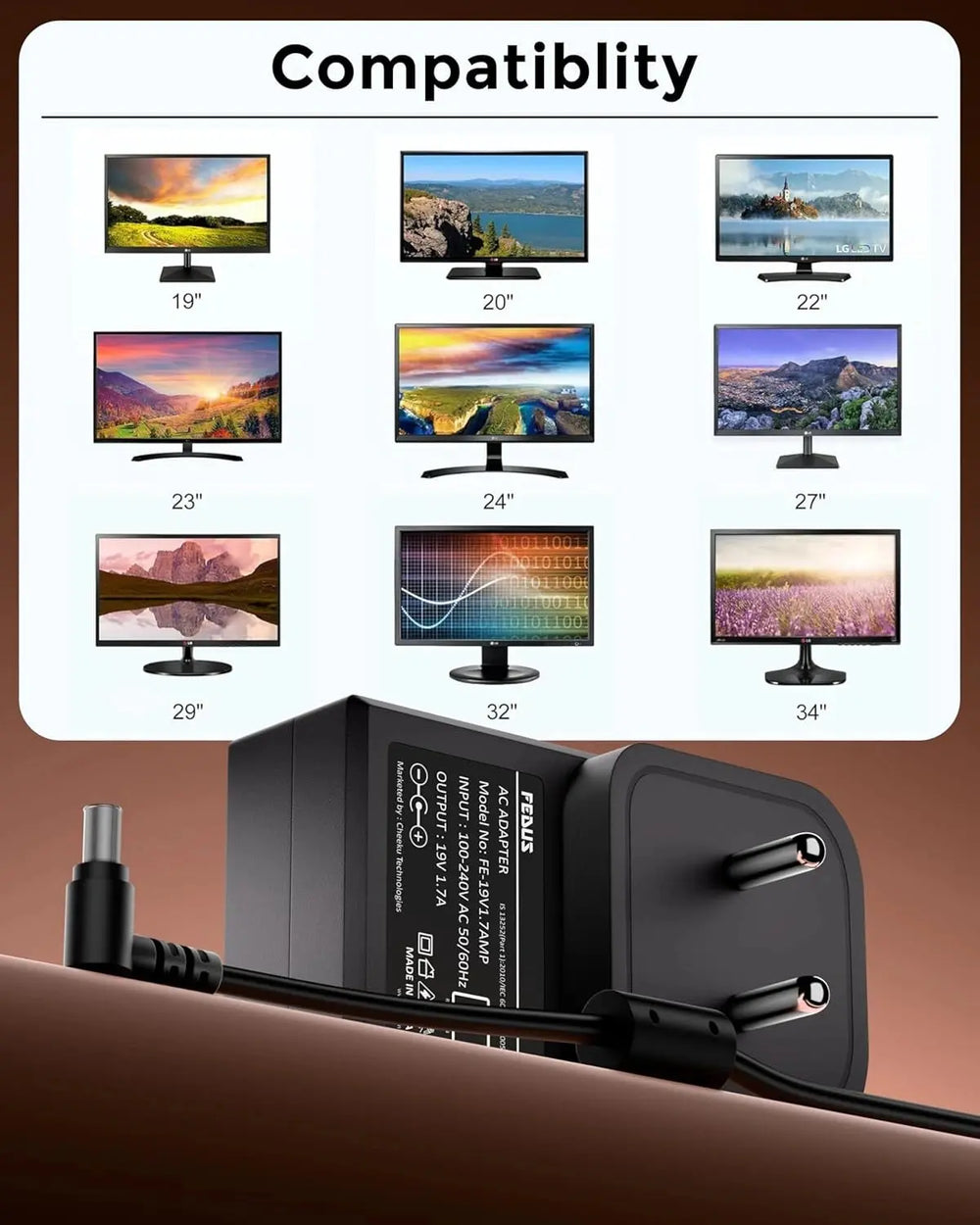 FEDUS BIS Certified 19V 1.7Amp Adapter for LG Monitor, Power Supply Cord of HDTV, LCD LED Monitors,TV Compatible for 19” 20” 21.5” 24” 27” 29” 32Inch TV Monitor, Input: 220V-50Hz 50mA Output 19V/1.7A FEDUS
