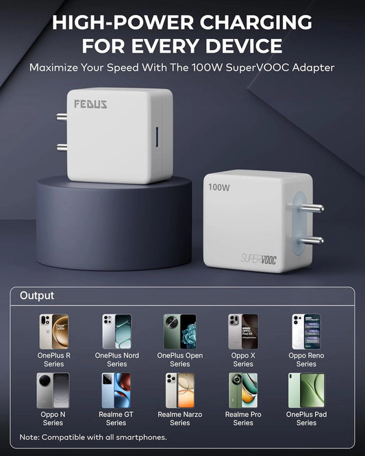 FEDUS Bolt 100W SuperVOOC Charger with USB-A to Type C Cable | Ultra Fast Wall Adapter for OnePlus 12/12R/11/Nord 4, Oppo Reno 12, Realme GT 6 | Smart IC Mobile Power Brick | 1 Year Warranty FEDUS