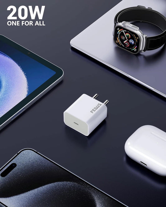 FEDUS BOLT-20 PRO Apple Mobile Charger 20W for iPhone 17 16 15 Pro Max Plus - BIS Certified Original PD Adapter with USB-C to C Cable - Fast Type C Charging Kit for iPad Air, Pro, No Heating, 2-Year Warranty FEDUS
