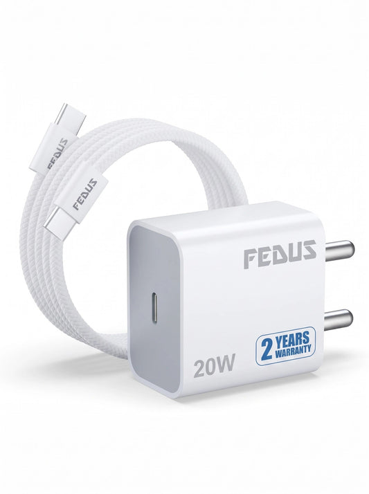 FEDUS BOLT-20 PRO Apple Mobile Charger 20W for iPhone 17 16 15 Pro Max Plus - BIS Certified Original PD Adapter with USB-C to C Cable - Fast Type C Charging Kit for iPad Air, Pro, No Heating, 2-Year Warranty FEDUS