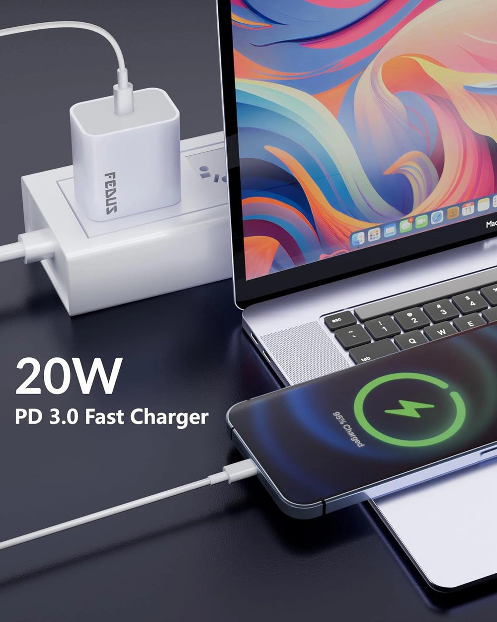 FEDUS BOLT-20 PRO Apple Mobile Charger 20W for iPhone 17 16 15 Pro Max Plus - BIS Certified Original PD Adapter with USB-C to C Cable - Fast Type C Charging Kit for iPad Air, Pro, No Heating, 2-Year Warranty FEDUS